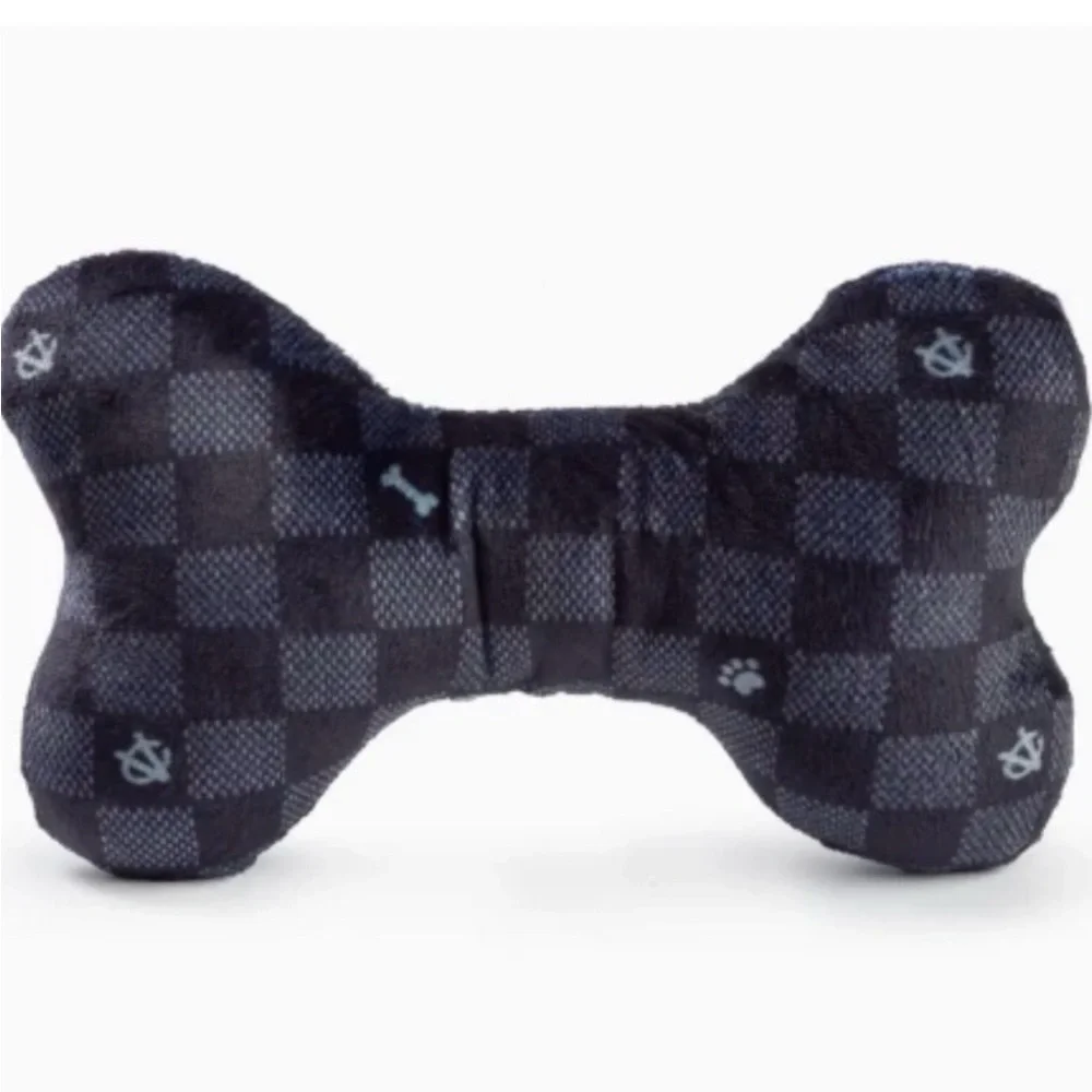 Small BLACK CHECKER CHEWY VUITON BONE SQUEAKER DOG TOY NWT